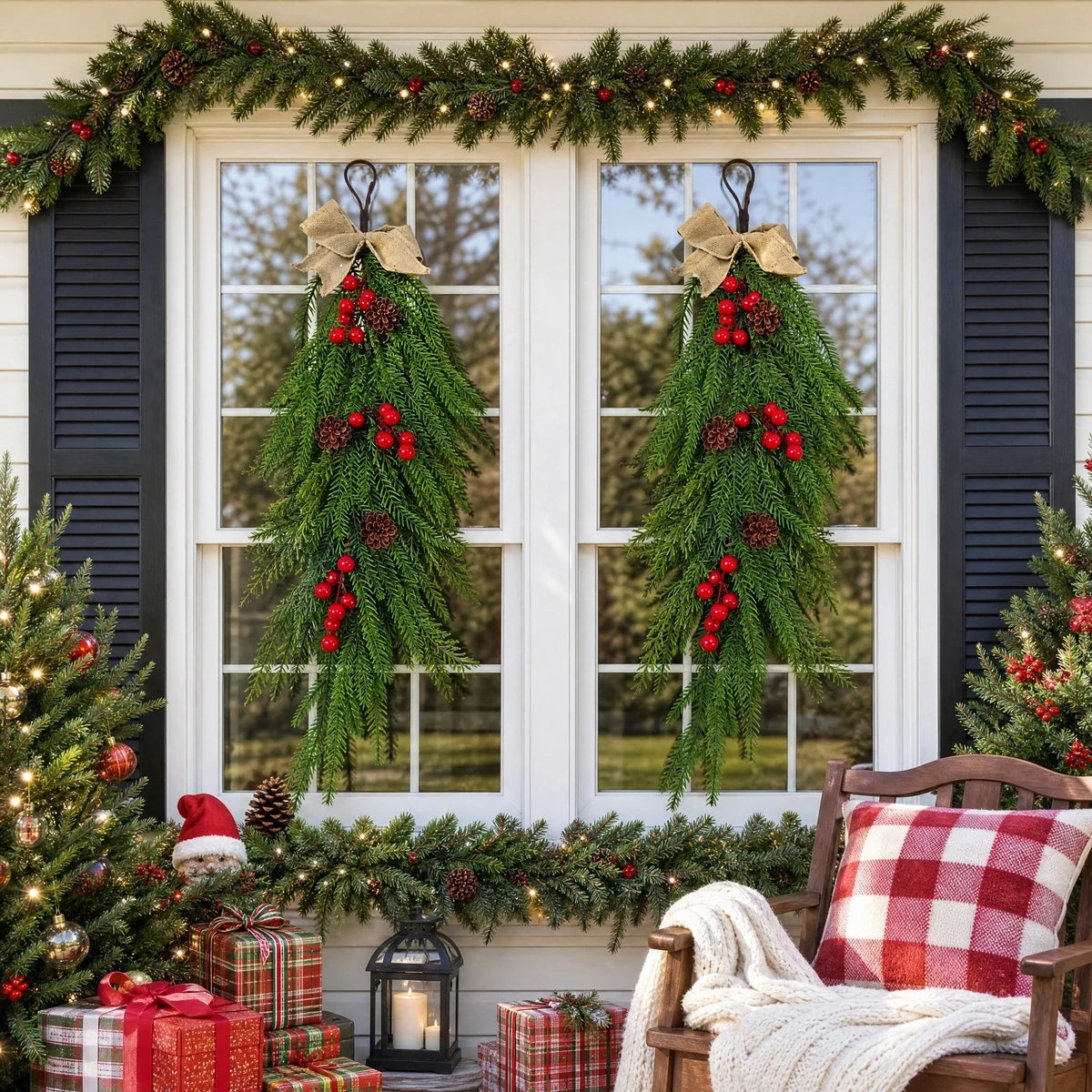 Red Bow Christmas Window Swag Set