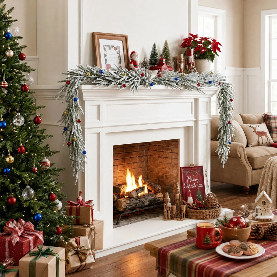 Christmas Mantel Garland with Red Berry Swags