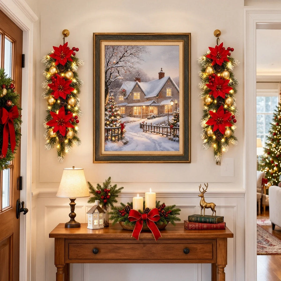 Pre-Lit Snow-Covered Christmas Hanging Arrangements – Set of 2