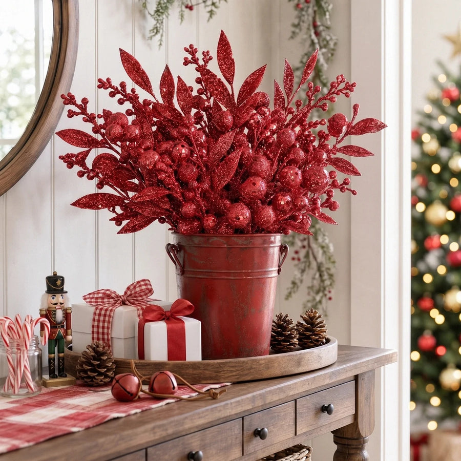 20-Piece Red Glitter Berry & Leaf Stem Set