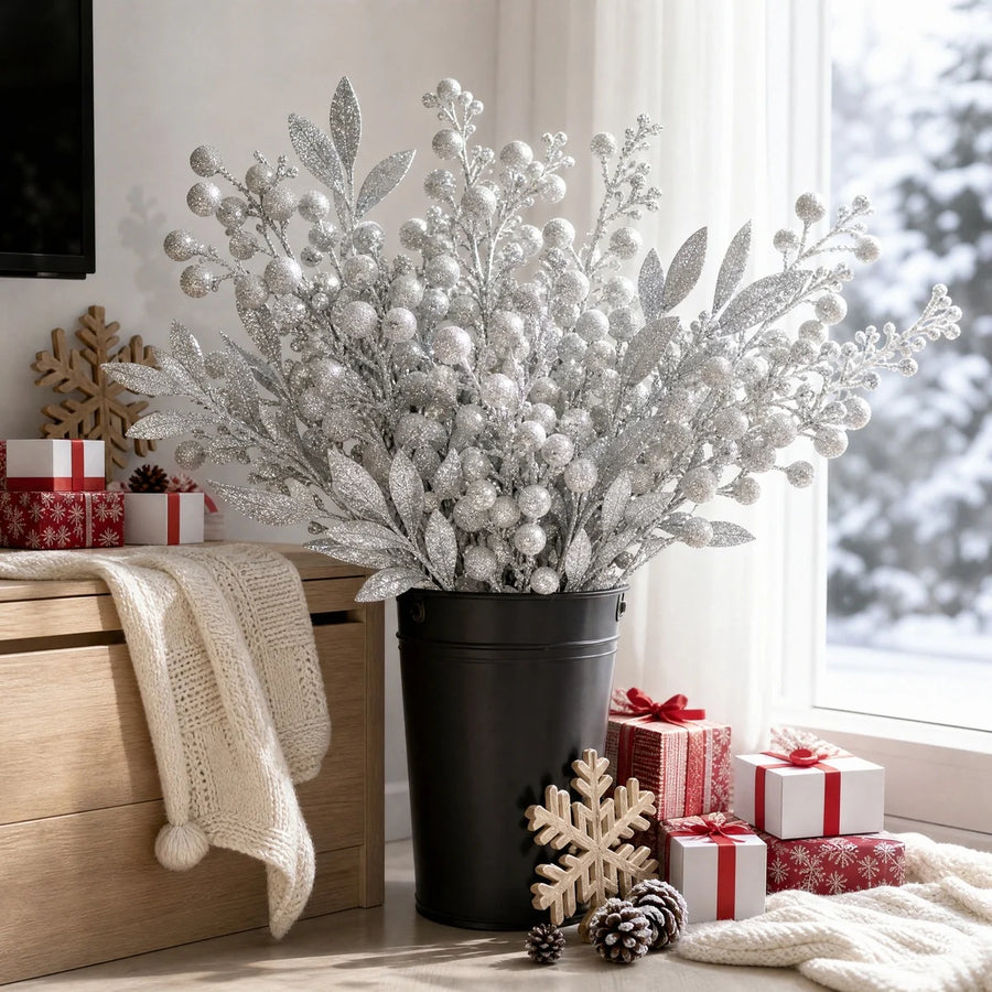 20-Piece Silver Glitter Berry & Leaf Stem Set