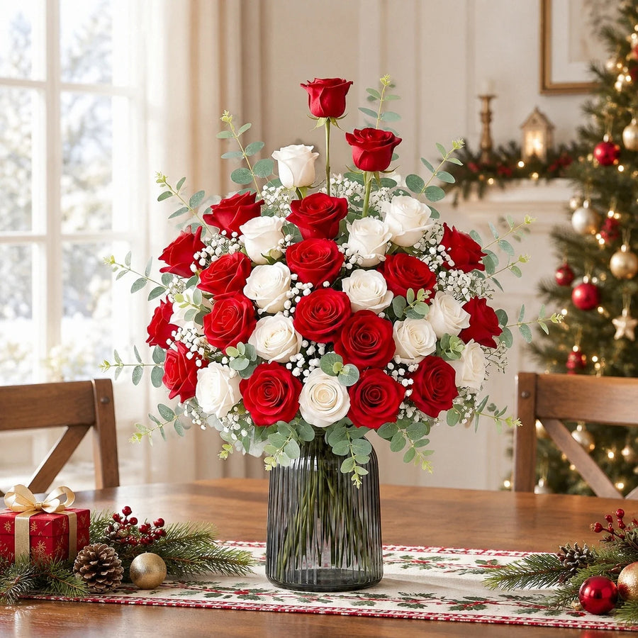 27-Piece Red and White Rose Artificial Floral Set