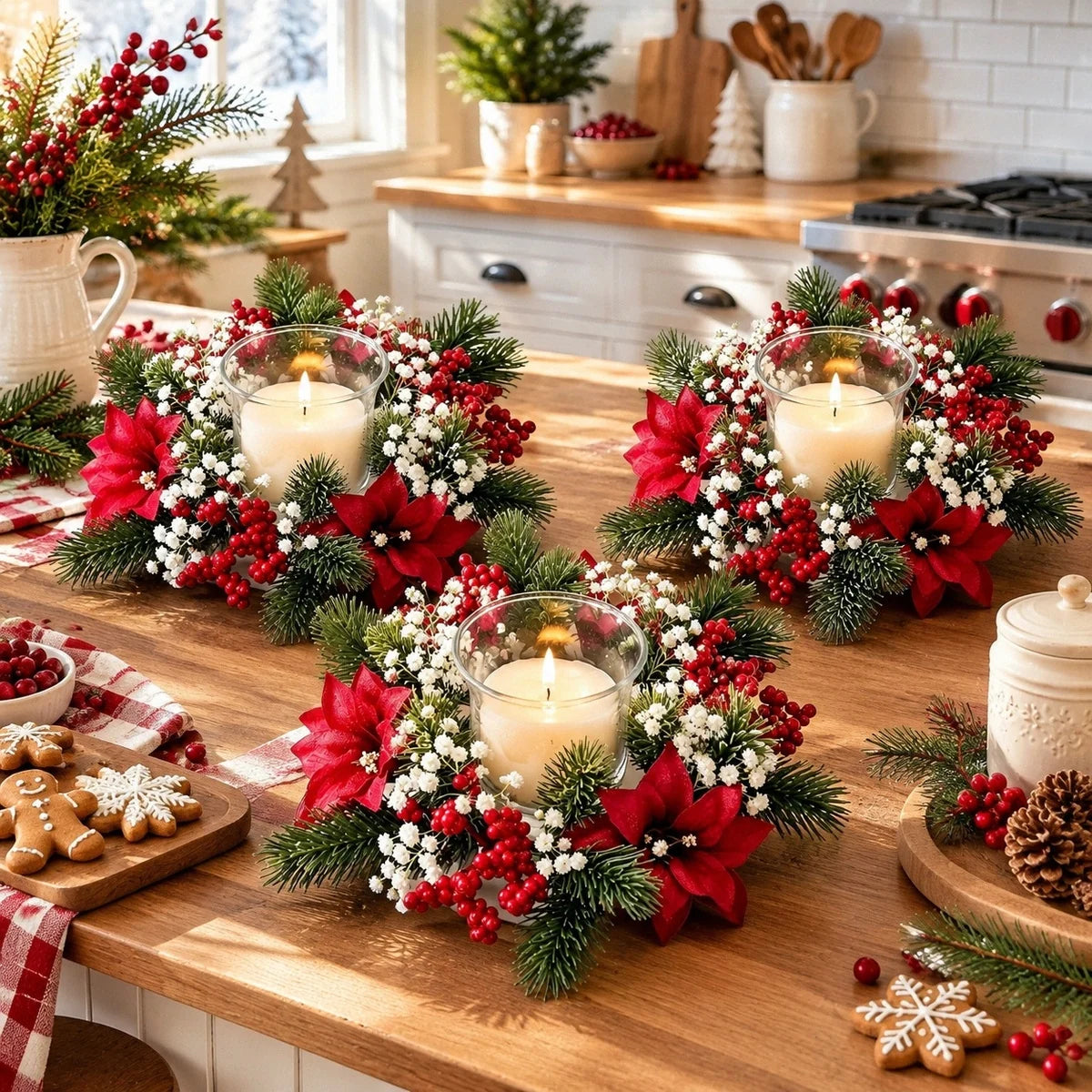 Christmas Poinsettia Candle Ring Wreath Set
