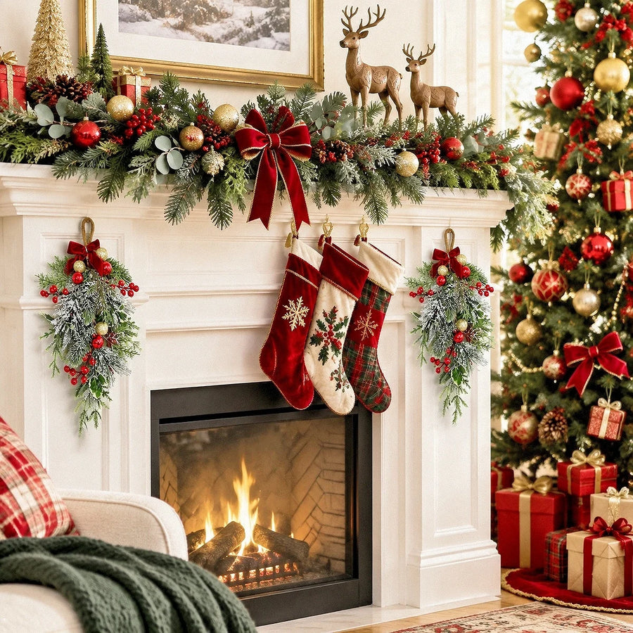 Christmas Mantel Swag with Red Bow