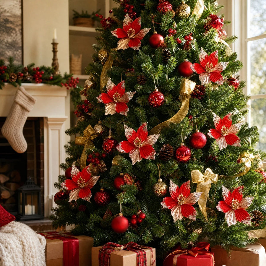 12-Piece Velvet Poinsettia Ornament Collection