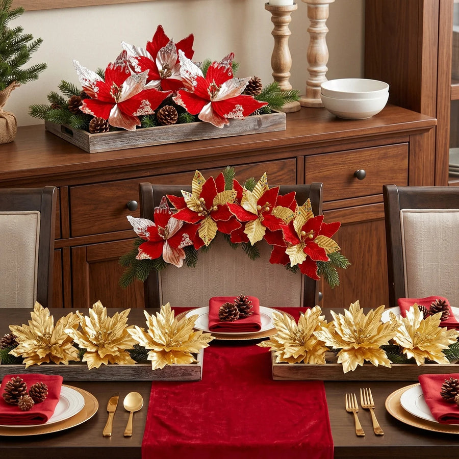 12-Piece Velvet Poinsettia Ornament Bundle