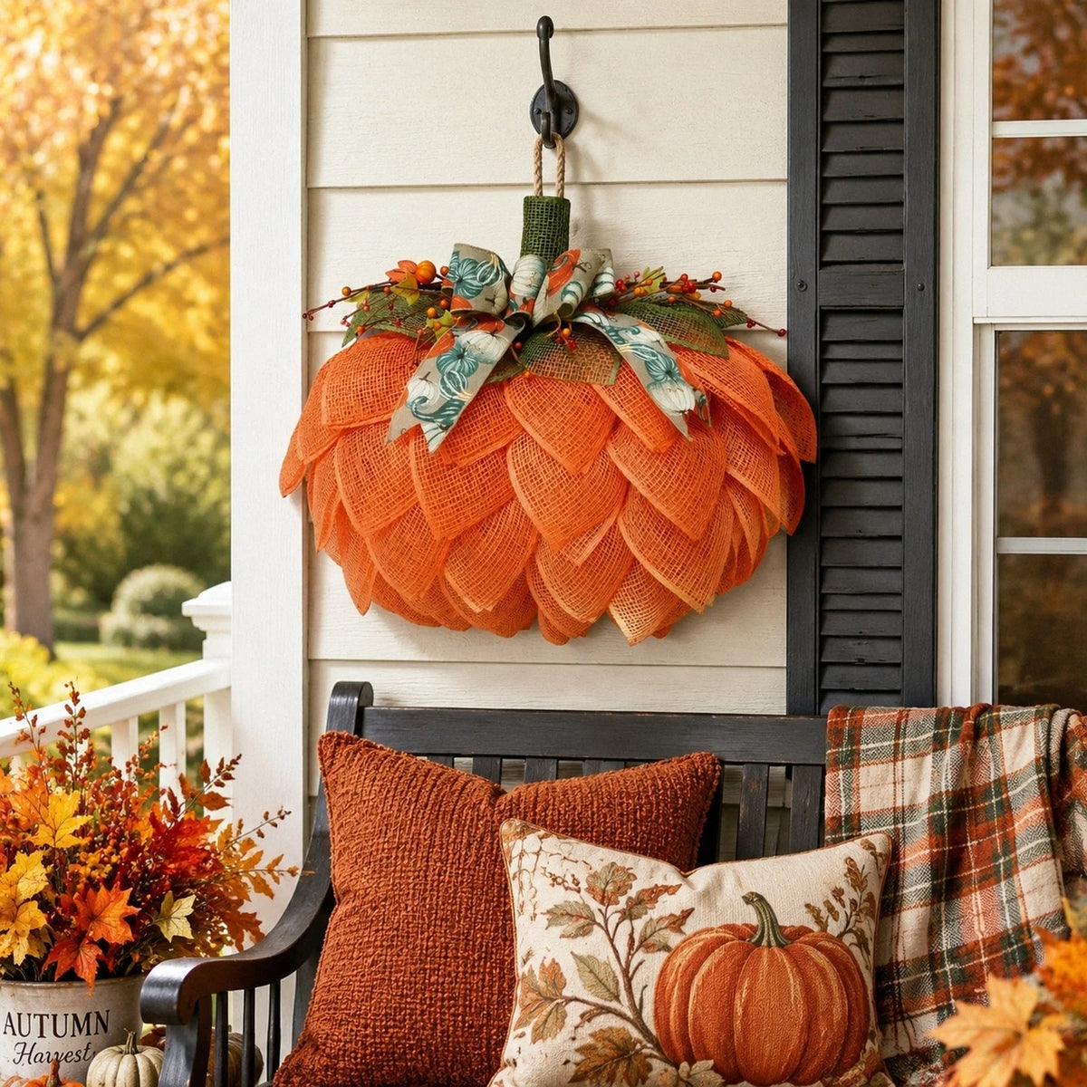 Orange Pumpkin Fall Door Wreath