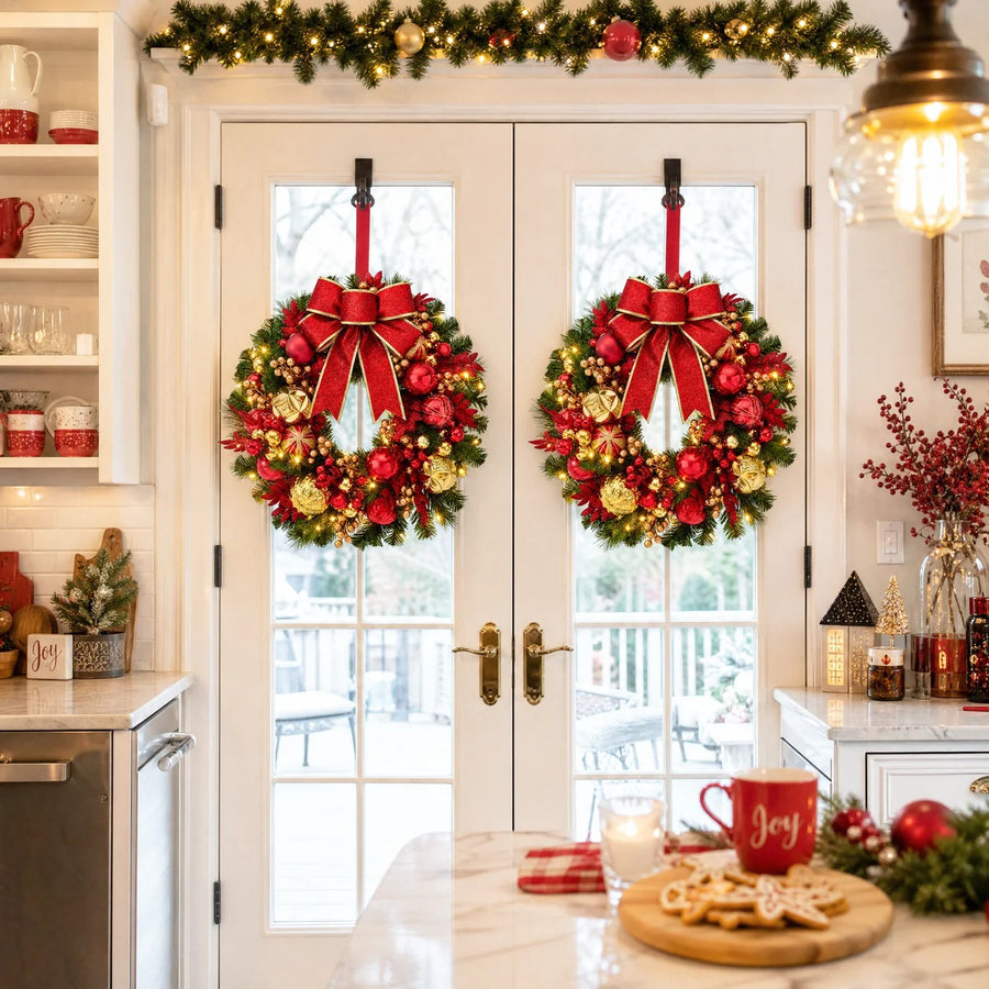 19.7-Inch Lighted Christmas Wreath with Red Bow