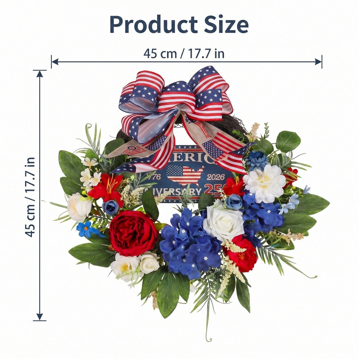 250th Anniversary Patriotic Wreath USA 1776-2026 | Red White Blue Rose & Flag Bow Front Door Decor for 4th of July Memorial Day Home Porch Wall Art