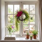 Artificial Rose Fern Wreath with Cascading Greenery and Pink Accents Boho Door Wall Hanging Decor