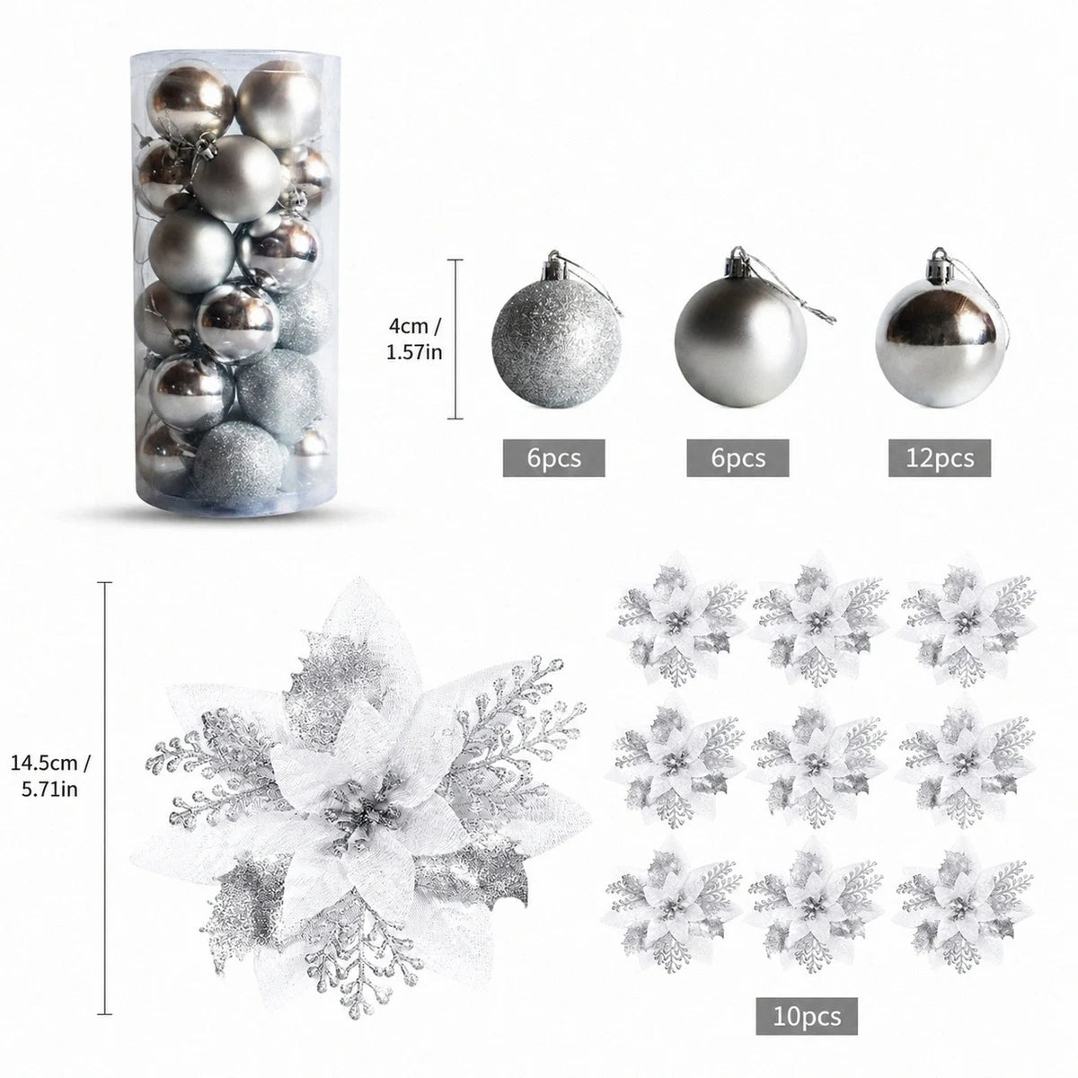 Glitter Poinsettia and Ball Ornament Set – 34 Pcs (Silver)