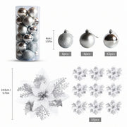 Glitter Poinsettia and Ball Ornament Set – 34 Pcs (Silver)