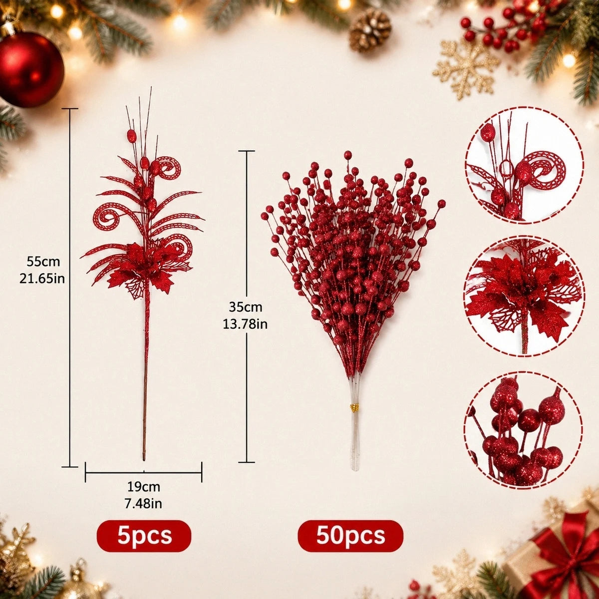 Glitter Berry Stem Ornament Set – 55 Pcs (Gold)