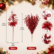 Glitter Berry Stem Ornament Set – 55 Pcs (Gold)