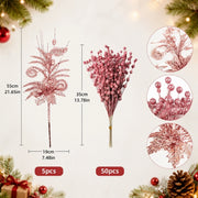 Glitter Berry Stem Ornament Set – 55 Pcs (Rose Gold)