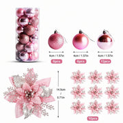 Glitter Poinsettia and Ball Ornament Set – 34 Pcs (Red)