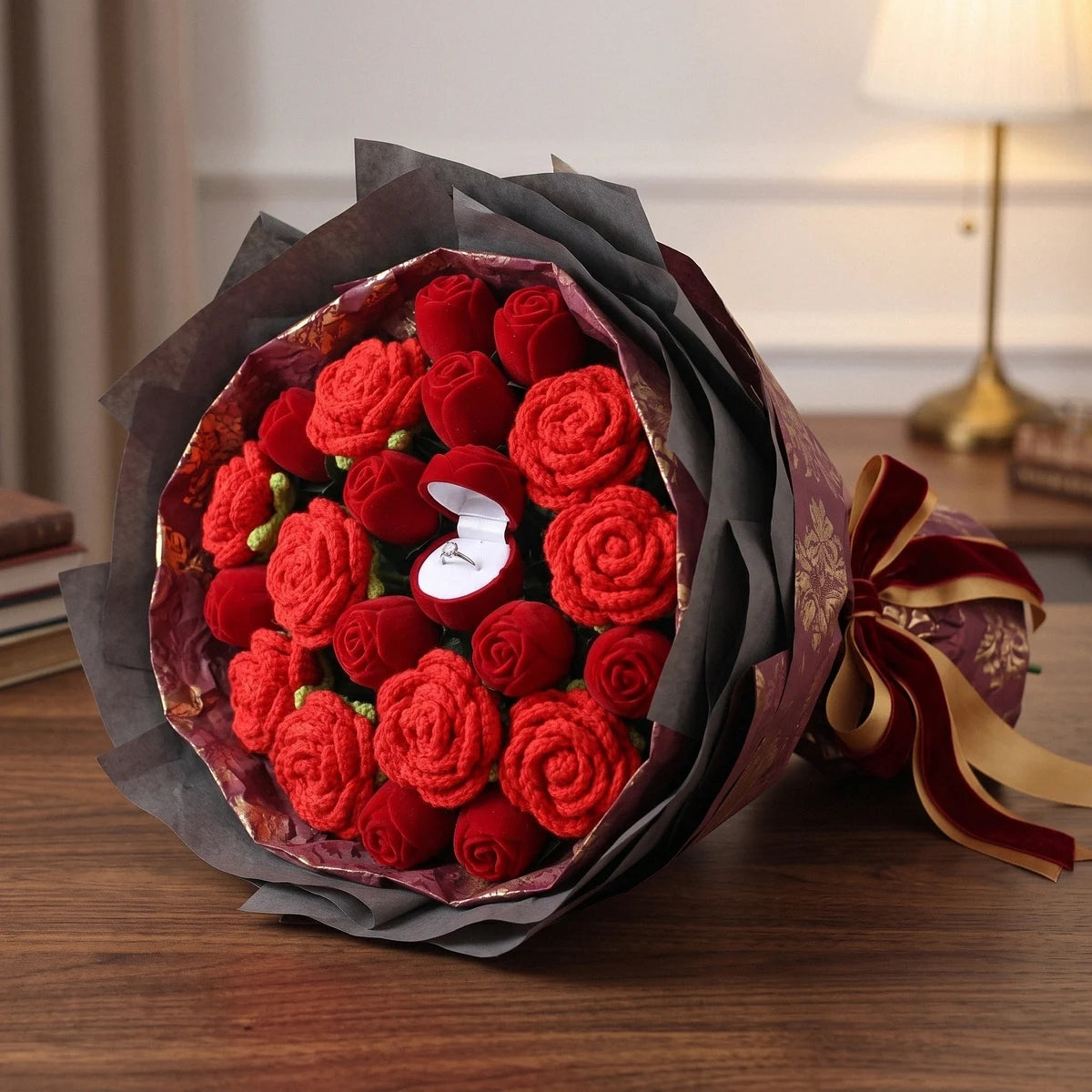 Knitted Artificial Rose Bouquet with Ring Box – 9 Pcs