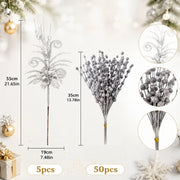 Glitter Berry Stem Ornament Set – 55 Pcs (Red)