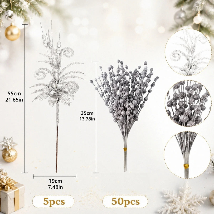Glitter Berry Stem Ornament Set – 55 Pcs (Red)