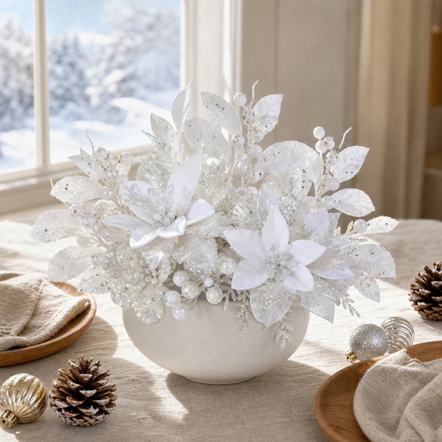 White Poinsettia Christmas Tree Floral Pick Set