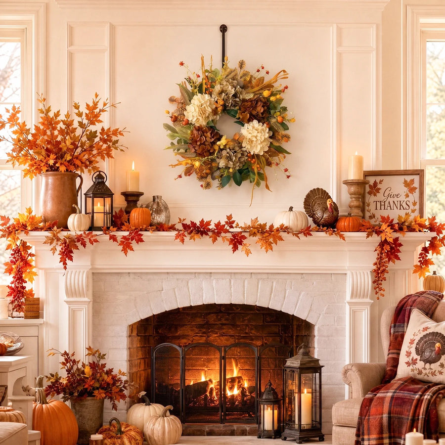 17.7-Inch Hydrangea and Pumpkin Fall Door Wreath