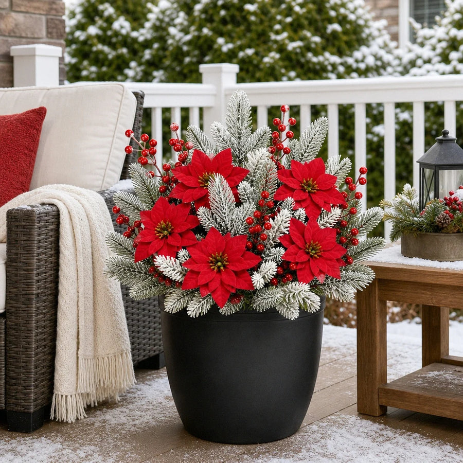 Snow-Flocked Poinsettia & Pine Yard Stake Set