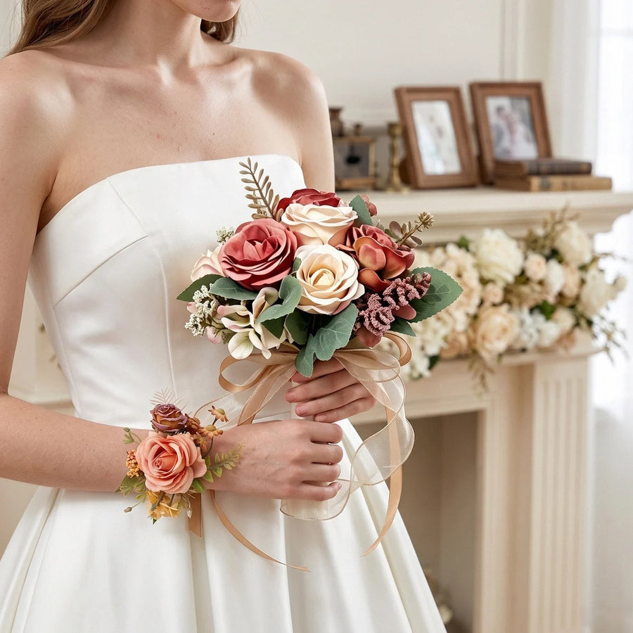Terracotta Rose Bridal Bouquet & 4 Corsages