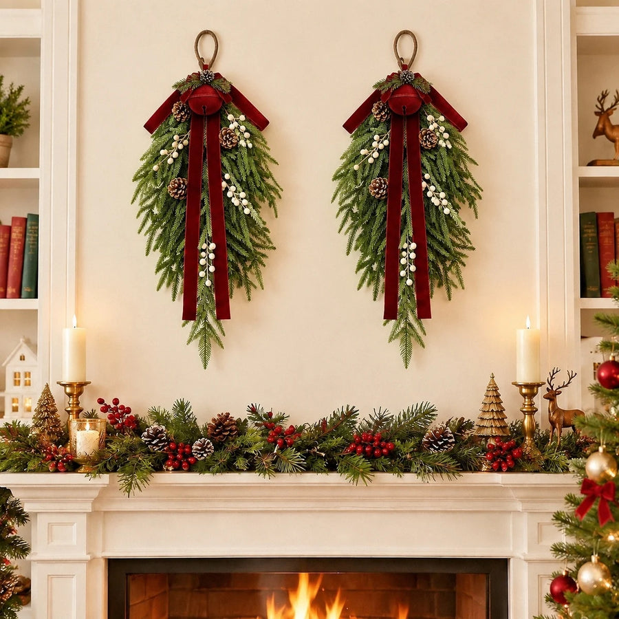Christmas Pine Door Swag with Burgundy Bow