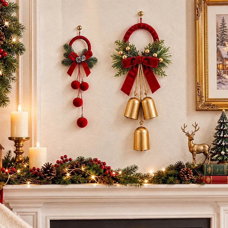 2-Piece Velvet Bow Christmas Hanging Wreath Set