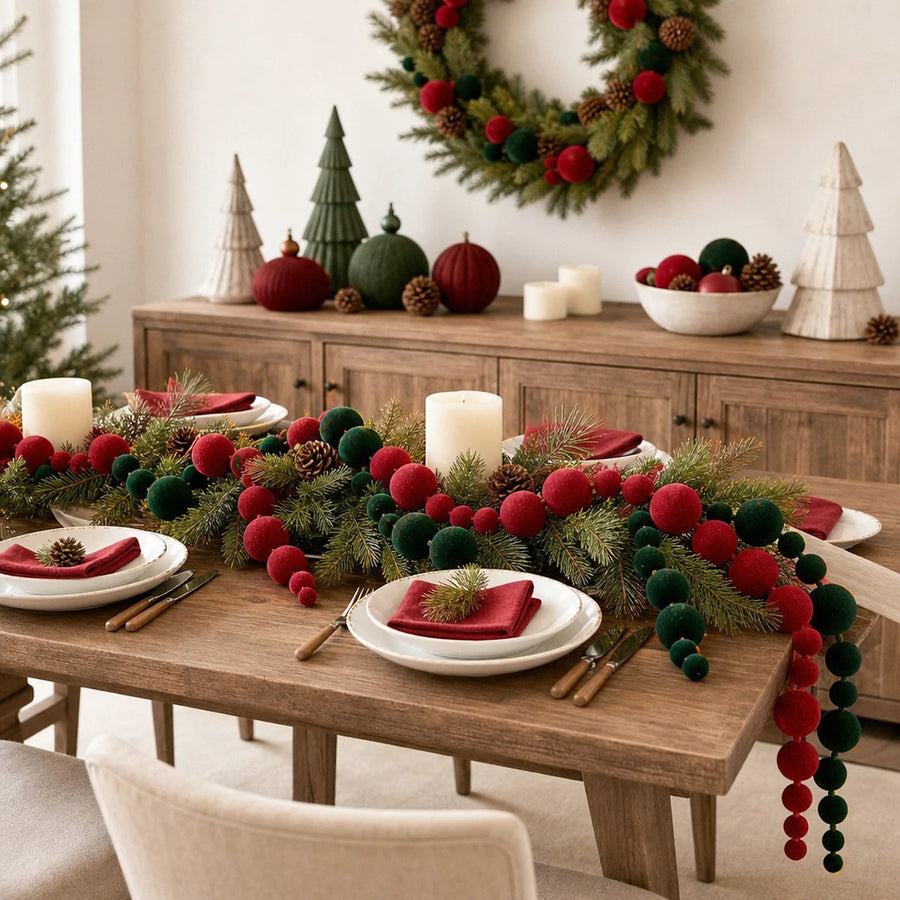 Red & Dark Green Velvet Ball Garland Set