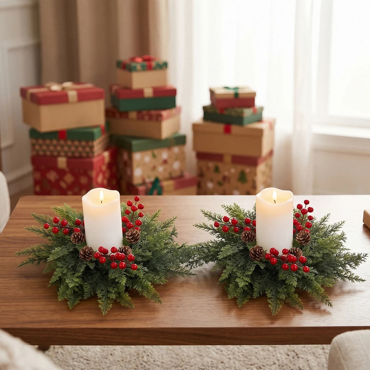 2-Piece 13.8-Inch Christmas Candle Wreath Set