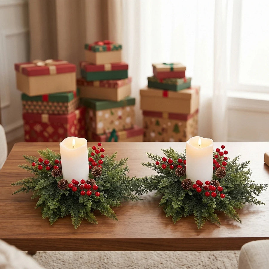 2-Piece 13.8-Inch Christmas Candle Wreath Set