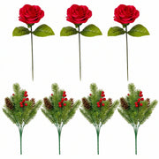 Red Rose and Pine Berry Artificial Floral Pick Set