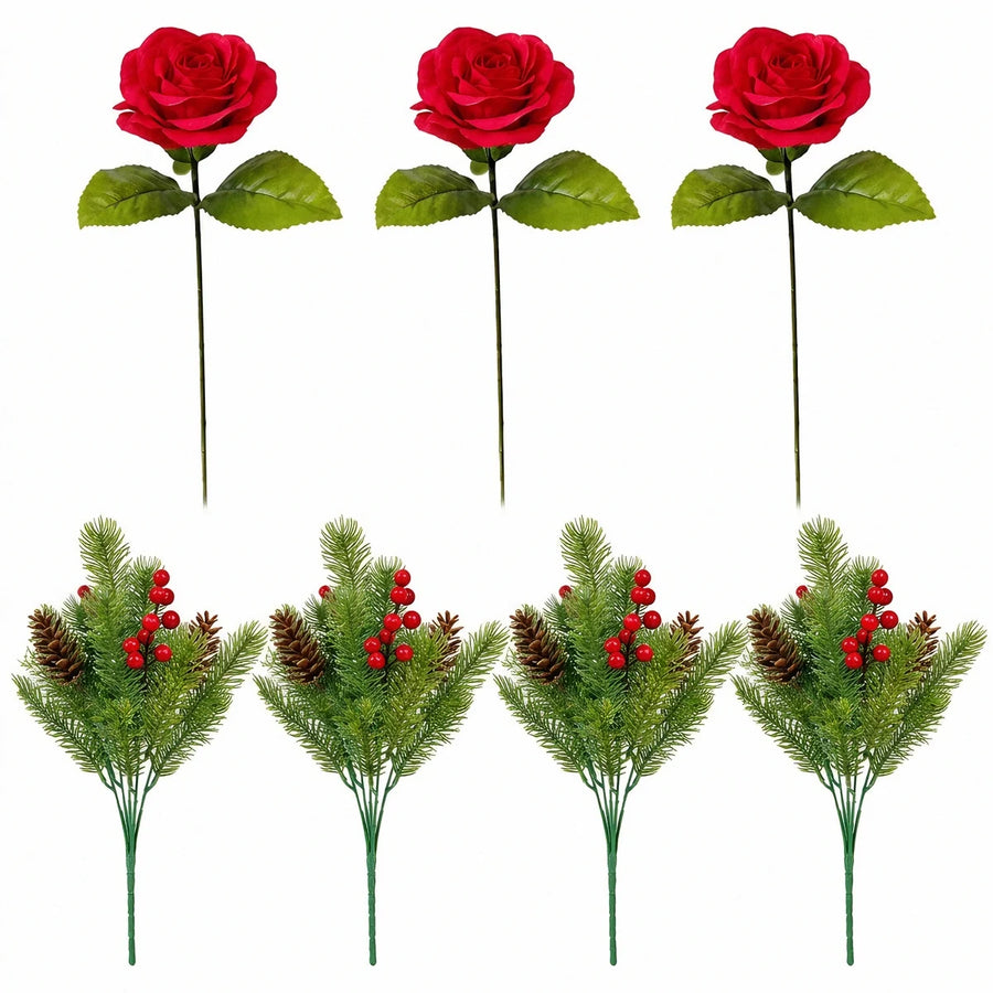 Red Rose and Pine Berry Artificial Floral Pick Set
