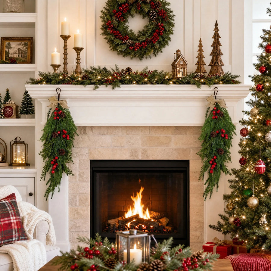 Red Bow Christmas Window Swag Set