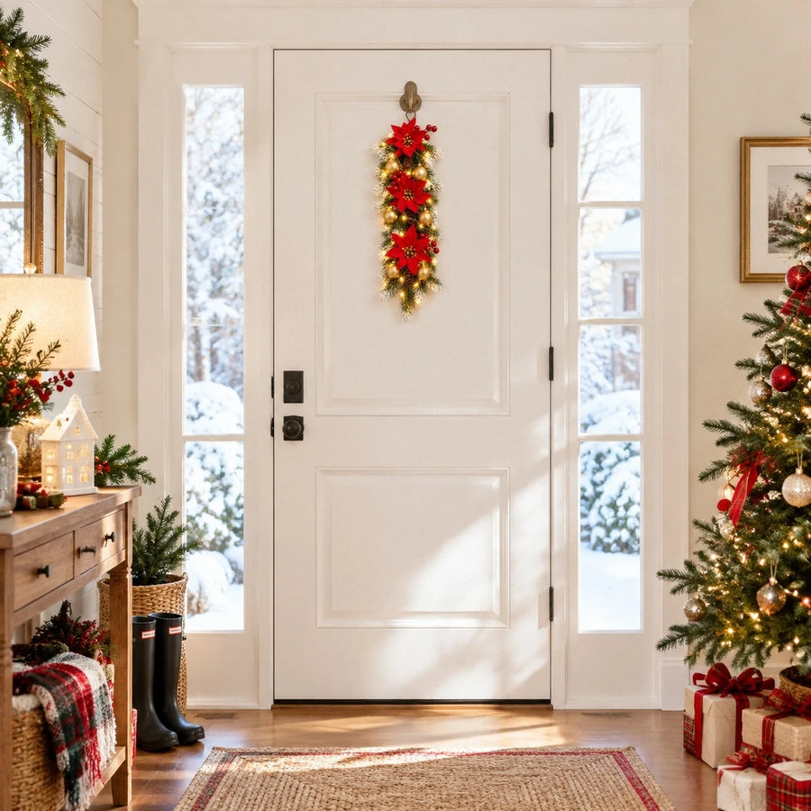 Pre-Lit Snow-Covered Christmas Hanging Arrangements – Set of 2