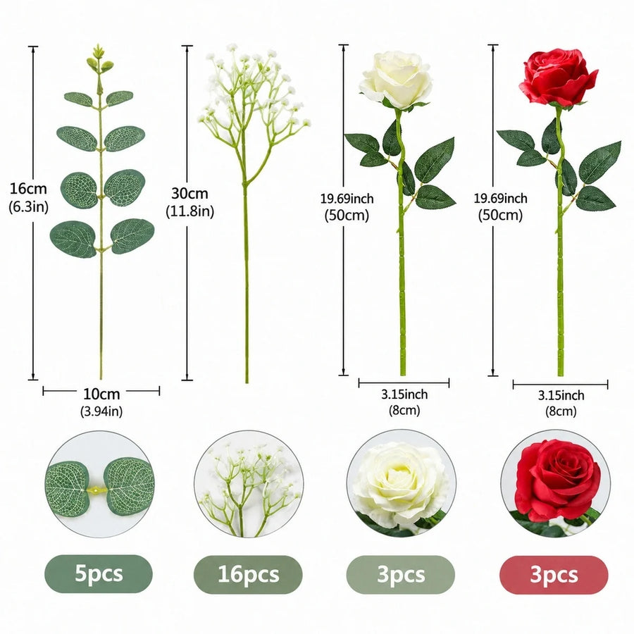 27-Piece Red and White Rose Artificial Floral Set