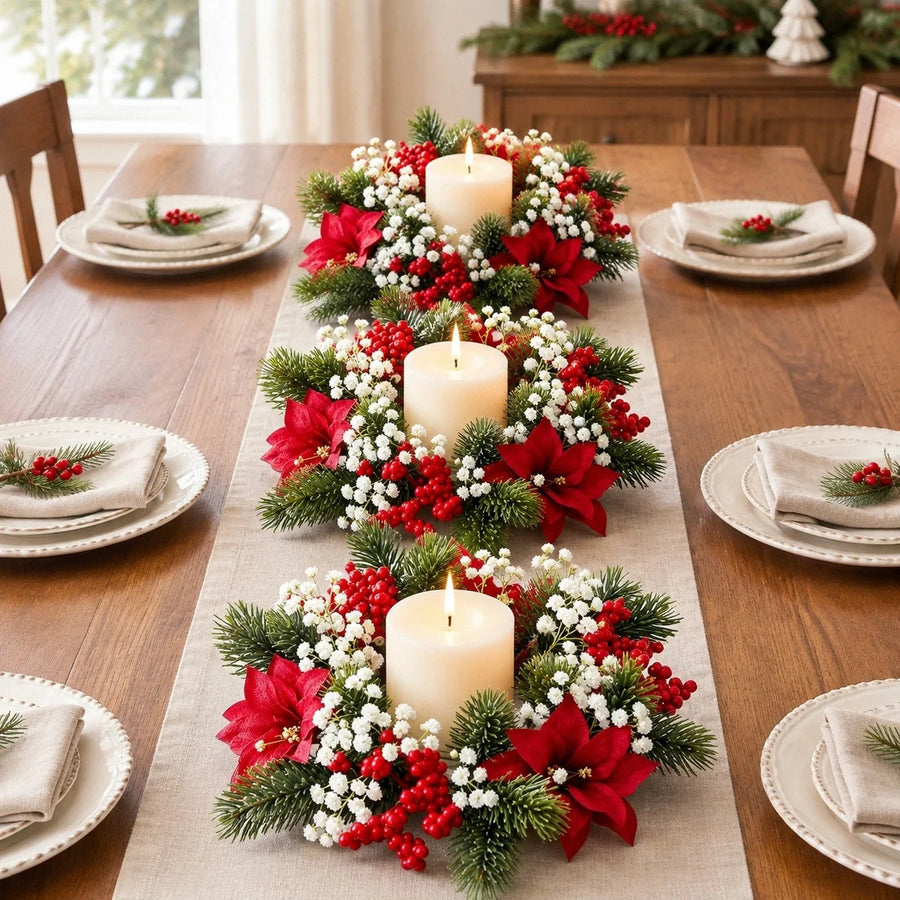 Christmas Poinsettia Candle Ring Wreath Set