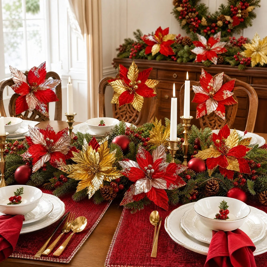 12-Piece Velvet Poinsettia Ornament Bundle