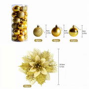 Glitter Poinsettia and Ball Ornament Set – 34 Pcs (Gold)