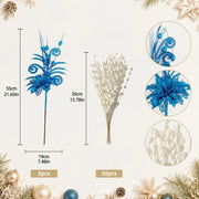 Glitter Berry Stem Ornament Set – 55 Pcs (Silver)