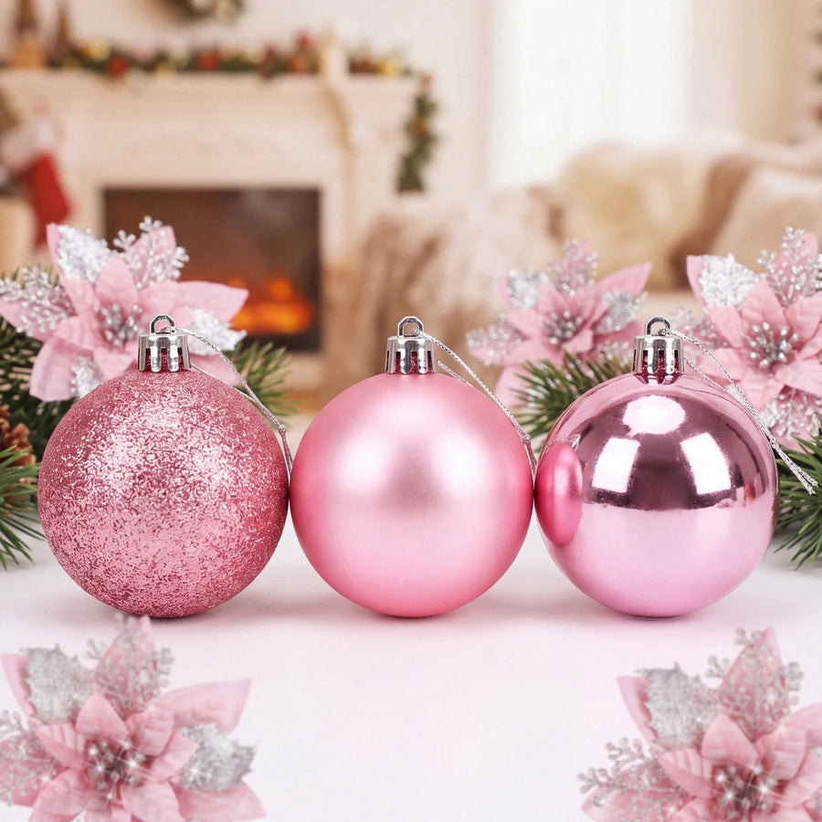 Glitter Poinsettia and Ball Ornament Set – 34 Pcs (Red)