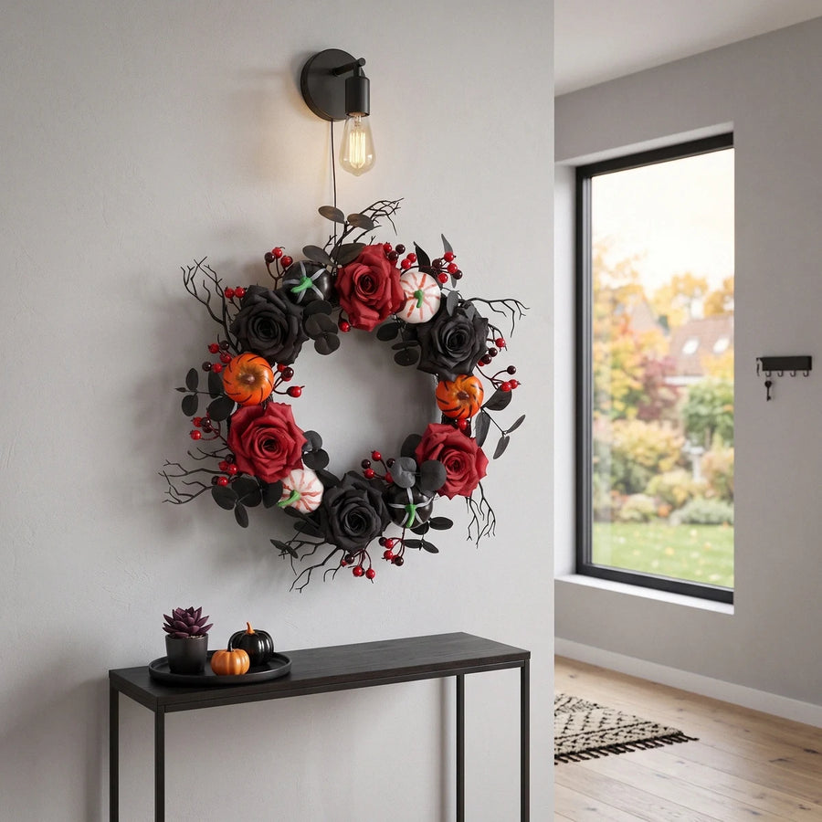 Halloween Black Welcome Wreath with Skeleton Hand