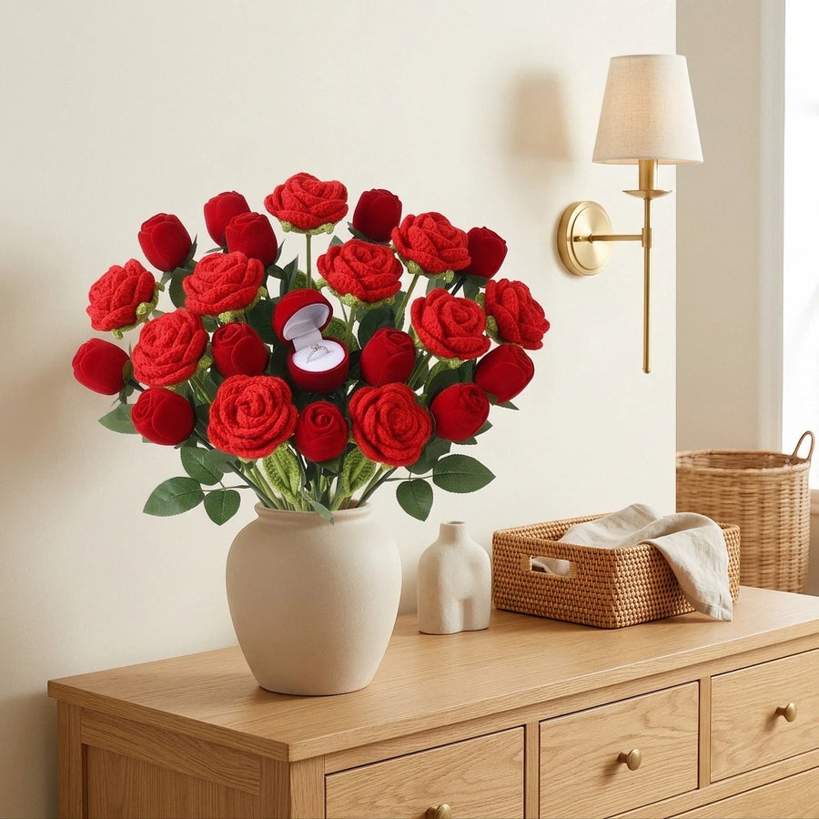 Knitted Artificial Rose Bouquet with Ring Box – 9 Pcs