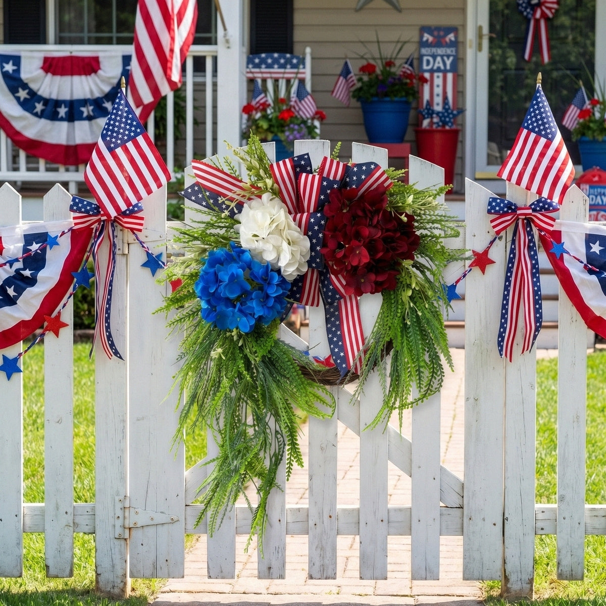 Patriotic Wreath Fourth of July Front Door Decor Red White Blue Hydrangea Wreath with Flag Bow Summer Holiday Wall Art for Home Porch