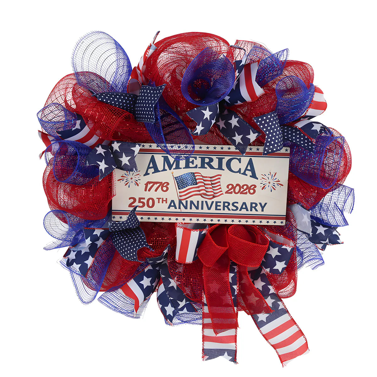 16 inch red white and blue patriotic mesh wreath for 4th of July front door USA 250th anniversary