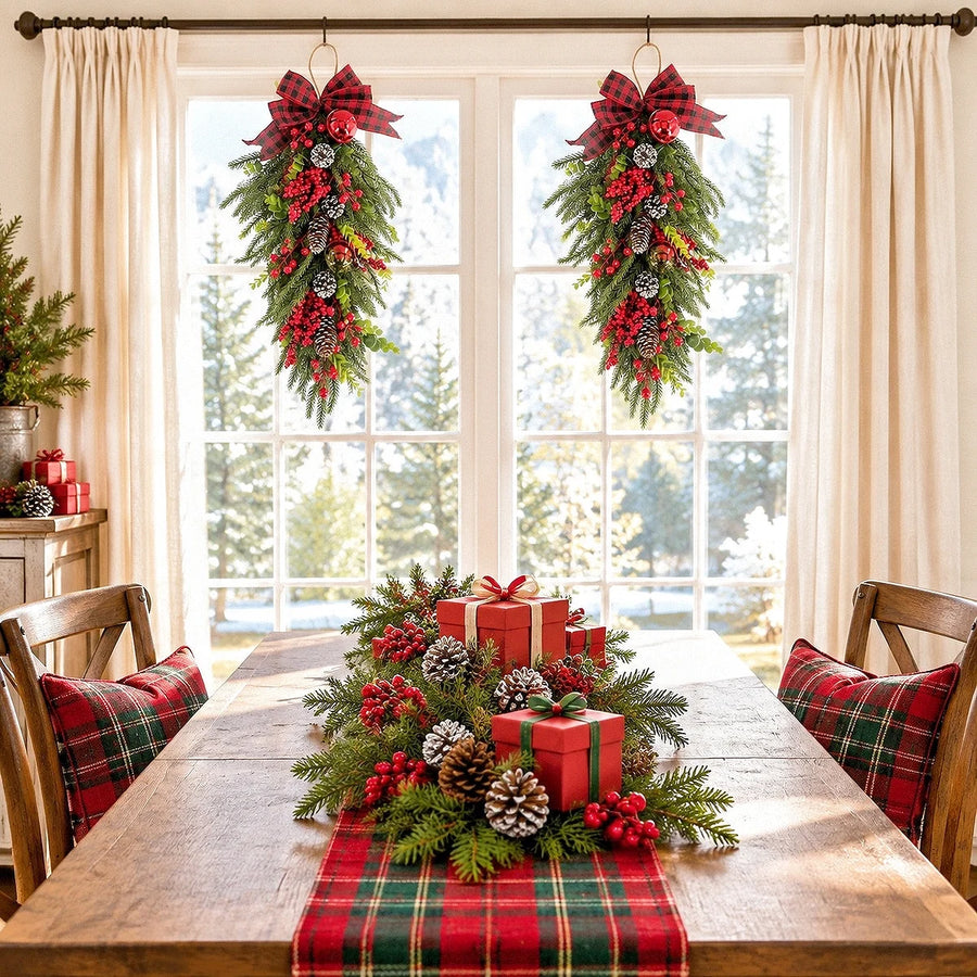 25.5-Inch Plaid Bow Christmas Teardrop Swag