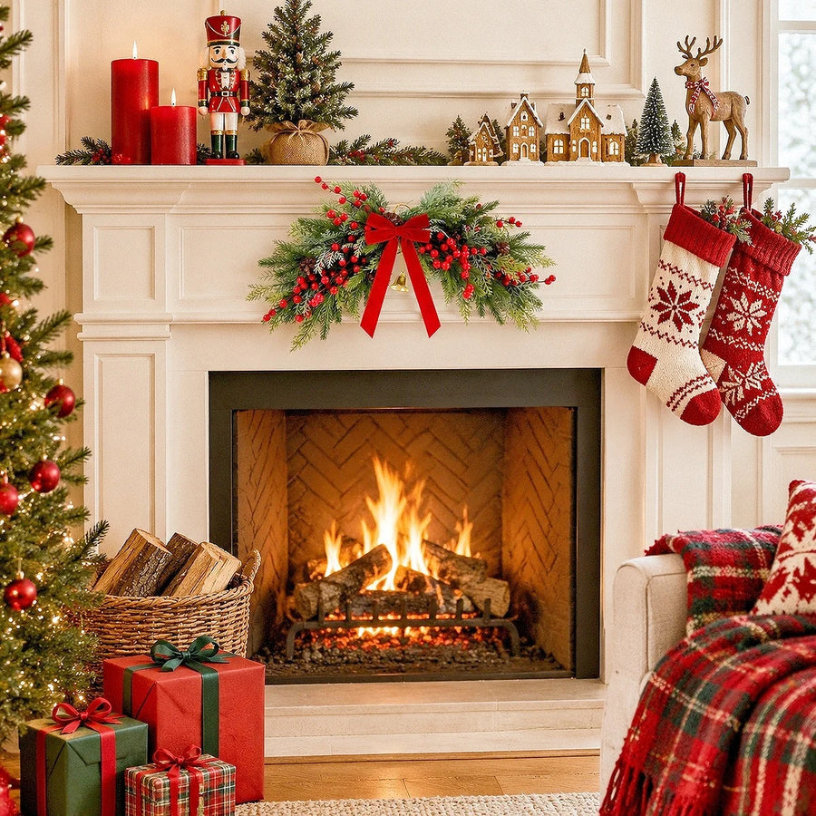 Christmas Pine and Berry Mantel Swag with Red Bow