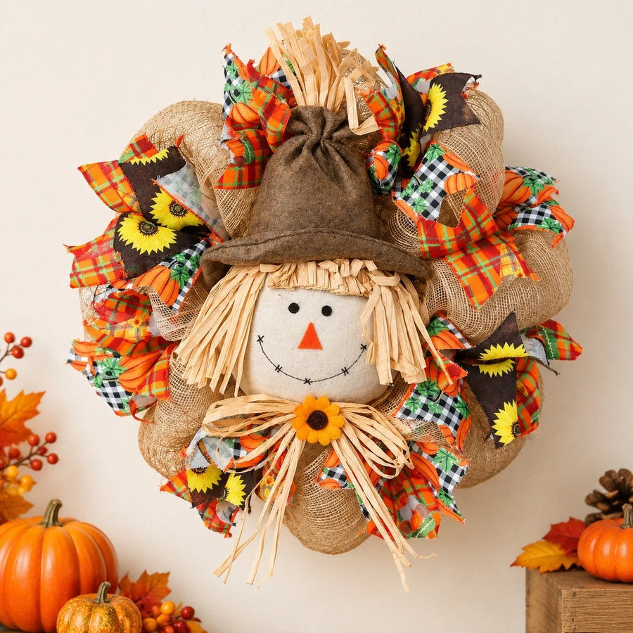 17.7-Inch Scarecrow Sunflower Fall Door Wreath