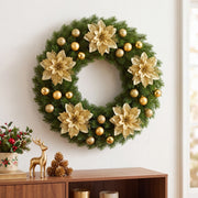 Glitter Poinsettia and Ball Ornament Set – 34 Pcs (Gold)